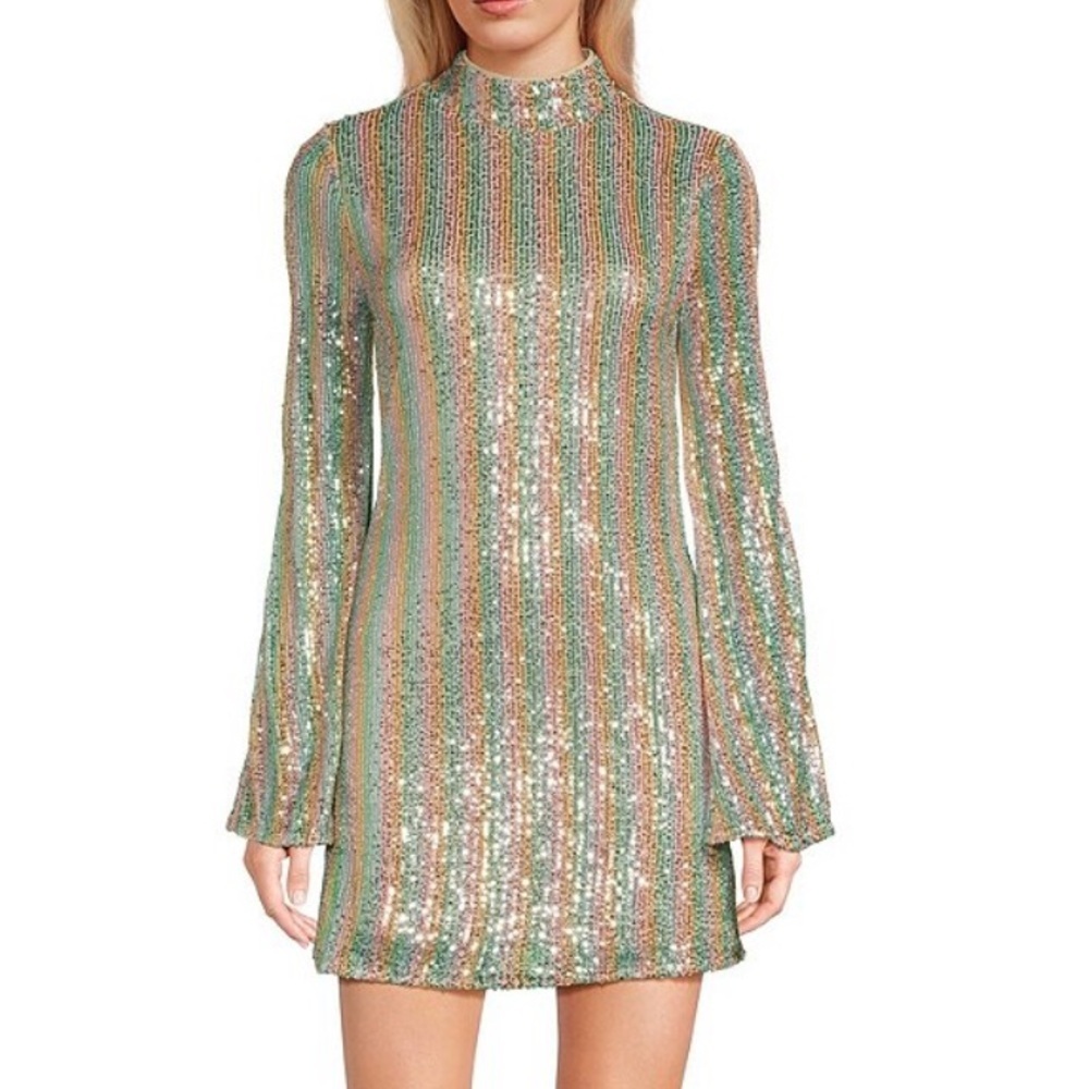 C&V Chelsea & Violet Mock Neck Long Sleeve Sequin Striped Mini Dress NEW GirlsXL
